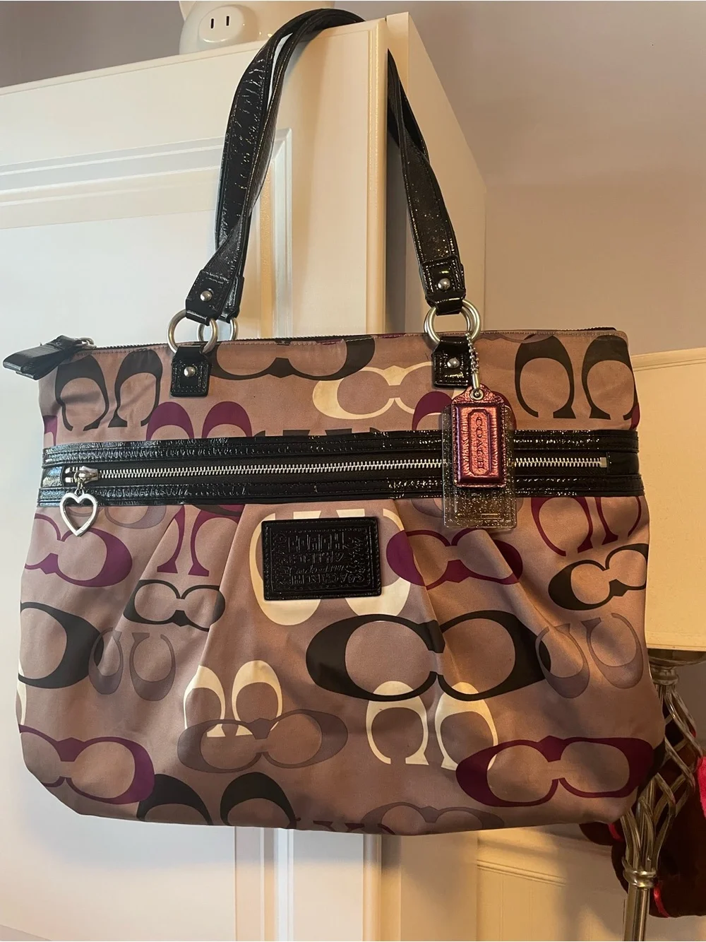 Coach F13945 Signature Op Art Nylon Tote Shoulder Bag Patent Trim Hangtag EUC